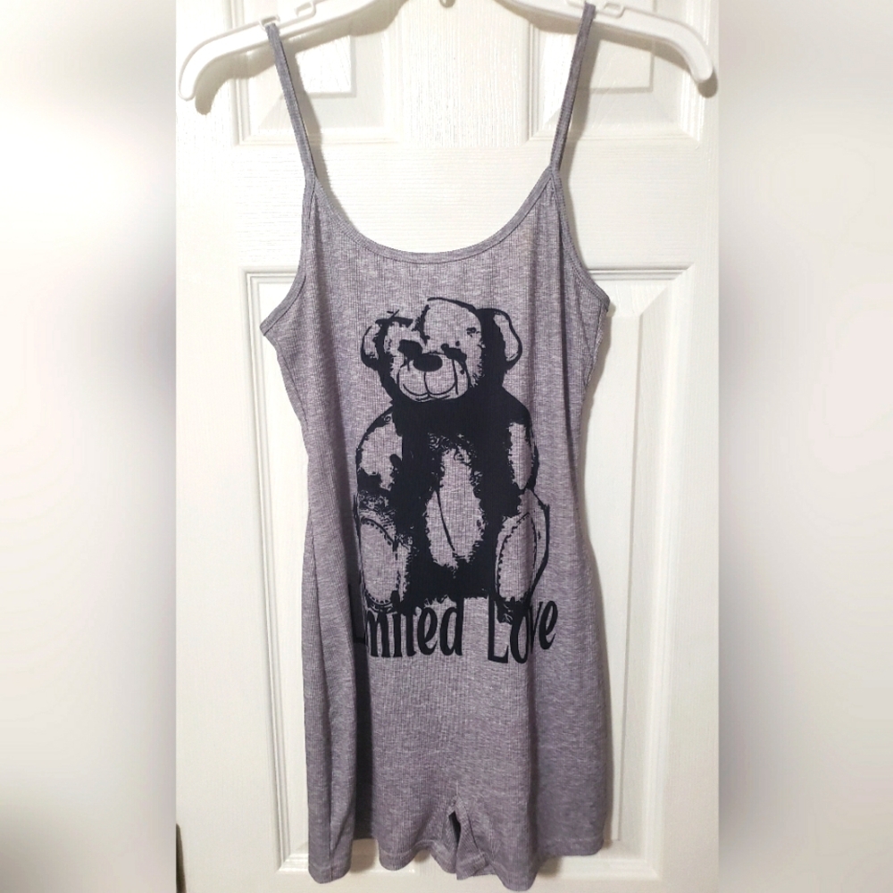 Gray Teddy Bear Print Women's Romper